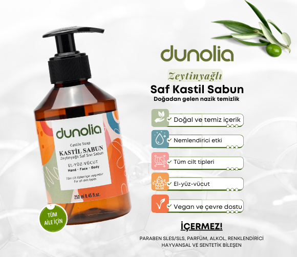 Dunolia Zeytinyağlı Kastil Sıvı Sabun Hassas Ciltler Egzama Kuruluk Nemlendirici Arındırıcı Vegan El Yüz Vücut 250 ml