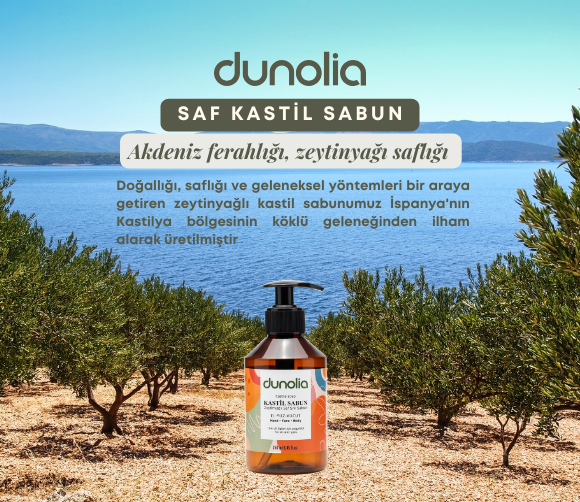 Dunolia Zeytinyağlı Kastil Sıvı Sabun Hassas Ciltler Egzama Kuruluk Nemlendirici Arındırıcı Vegan El Yüz Vücut 250 ml